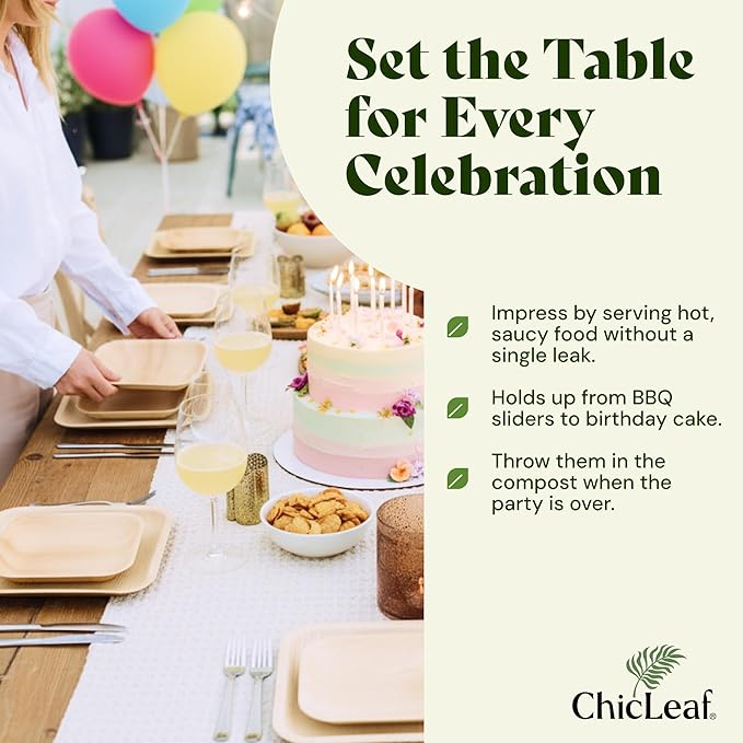 Chic Leaf Palm Leaf Disposable Bamboo Plates ??Square, Biodegradable & Compostable Party Plates for Weddings, Parties & Events, Christams Dinner Turkey Meal Holiday - Disposable Platter (10", 20 Pack)