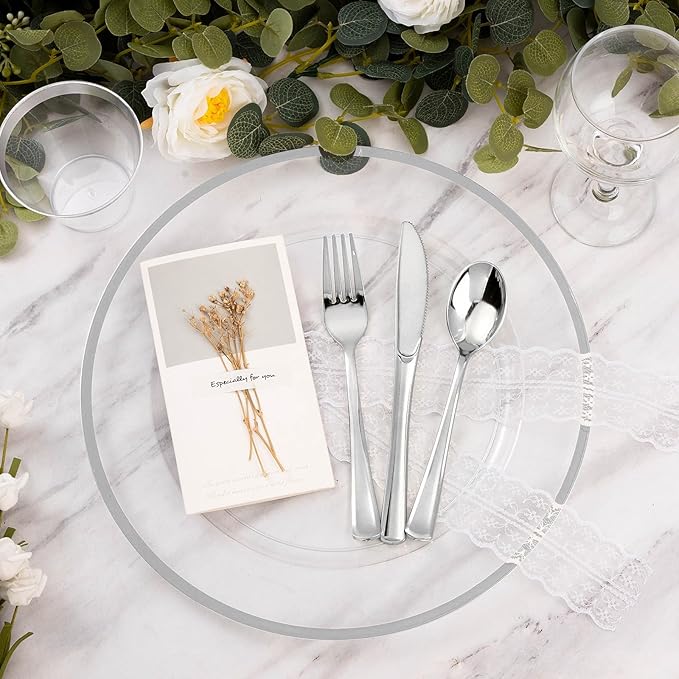 Goodluck 12 Inch Disposable Charger Plates Plastic, 100 Pack Plastic Clear Charger with Silver Rim for Dinner, Wedding, Party