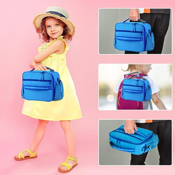 Cerbonny Kids Lunch Box For Girls & Boys, Insulated Lunch Bag With Double Bottle Holder & Freezable Liner (Blue)
