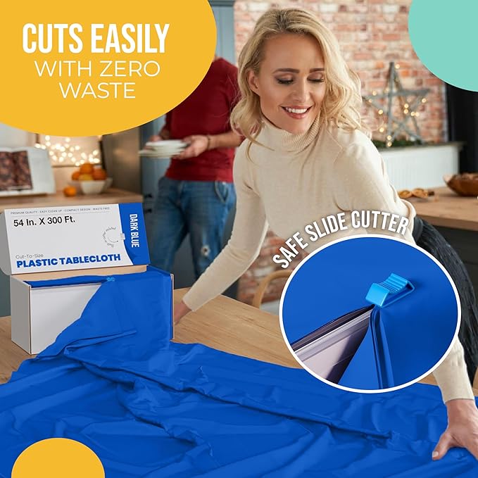 Exquisite Dark Blue Plastic 54x300 inches Rectangular Tablecloth Roll with Built-in Cutter - 300 Feet, All-Season, 1 Count