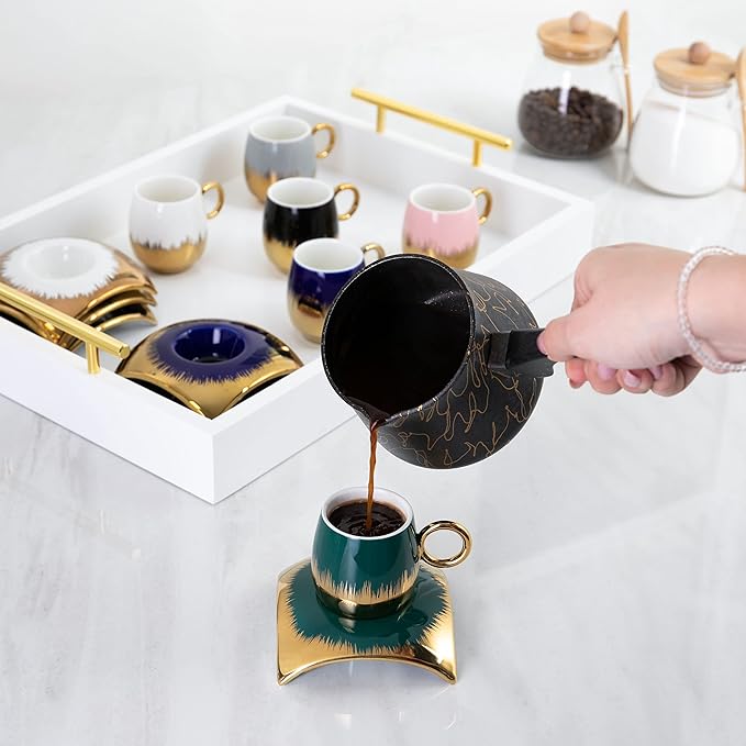 Turkish Coffee Cup Set of 6 with Saucers - Luxury Arabic Greek Japanese Marble Ceramic Tea Cups for Espresso Cappuccino Latte Mocha, Ideal Gift - 3.5oz,- Assorted Colors