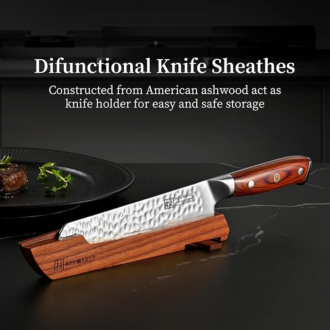 KEEMAKE Kiritsuke Chef Knife 8 Inch, Damascus Kitchen Knife Professional Gyuto Knives, Ultra Sharp Cooking Knives with Ergonomic Pakkawood Handle & Ash Sheath