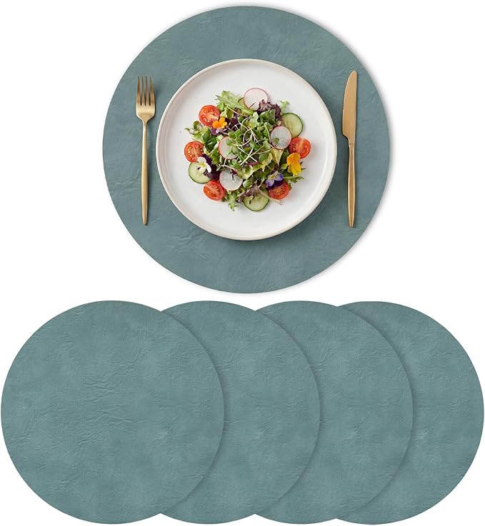 Artoid Mode Blue Faux Leather Placemats Set of 4, 15 Inch Waterproof Wipeable Heat Resistant Place Mats, Reversible Table Mats for Winter Kitchen Dining Decor