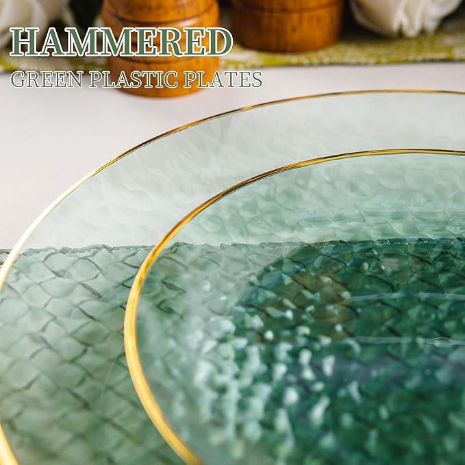 Lullaby 60pcs Green Plastic Plates with Gold Rim, Includes 30pcs Dinner Plate 10'' and 30pcs Clear Dessert Plate 7.5'', Green Disposable Plastic Plates for Parties, Birthdays and Wedding