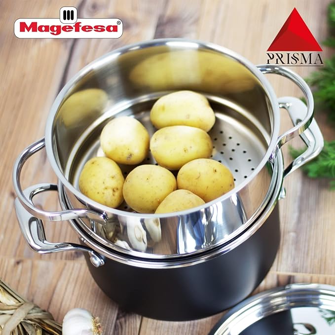 MAGEFESA Prisma ??7.9 inches steam pot with lid, made in 18/10 stainless steel, for all types of kitchens, INDUCTION, easy cleaning, dishwasher and oven safe up to 392쨘F