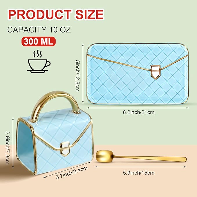 Zubebe 1 Set Coffee Mug Elegant Handbag Shaped Cup Valentine's Day Modern Ceramic Purse Mug with Spoon and Saucer, 10oz Cute Creative Tea Cup for Woman Girls Gift (Blue)