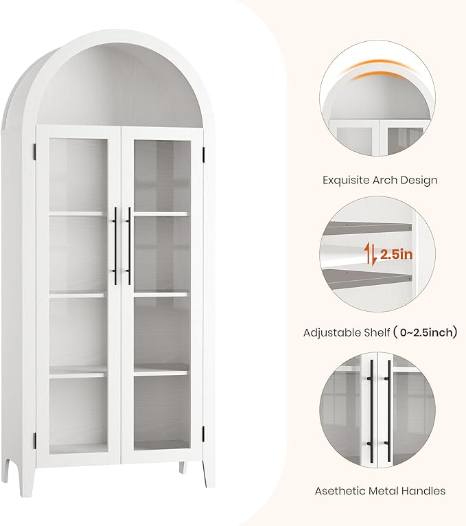 GarveeHome Arched Kitchen Pantry Storage Cabinet - Farmhouse 5 Tier Display Shelf with Adjustable Shelf and 2 Large Glass Doors, Versatile Cupboard for Kitchen, Dining Room, Living Room, White