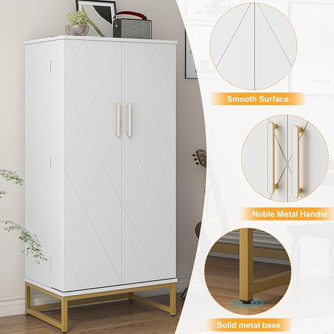 51??Kitchen Pantry Storage Cabinet, White Freestanding Pantry Cabinets with Doors and Adjustable Shelves, Buffet Cupboards Storage Cabinet for Home Office Use, Dinning Room(White + Gold)