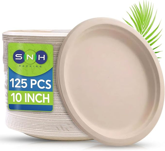 SNH Packing 100% Compostable Plates 10 Inch [125-Pack], Heavy Duty Dinner Paper Plates, Eco-Friendly Biodegradable Sugarcane Bagasse, Natural Brown Disposable Plates for Dessert, Party, BBQ & Picnic