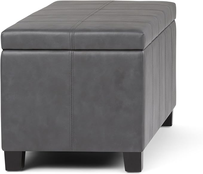 SIMPLIHOME Dover Storage Ottoman Bench - 36 inch Wide Upholstered Vegan Leather Rectangular Lift-Top Ottoman in Stone Grey, Contemporary Bench for Living Room with Safety Hinges
