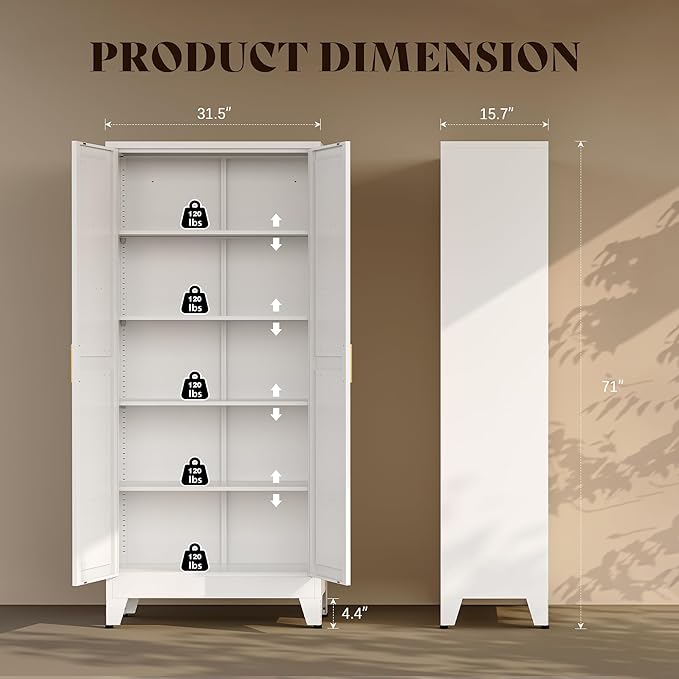 71" H Metal Storage Cabinet,White Pantry Cabinets with Doors and Shelves,Tall Food Kitchen Cabinets,Farmhouse Kitchen Cabinet,Freestanding Cabinet