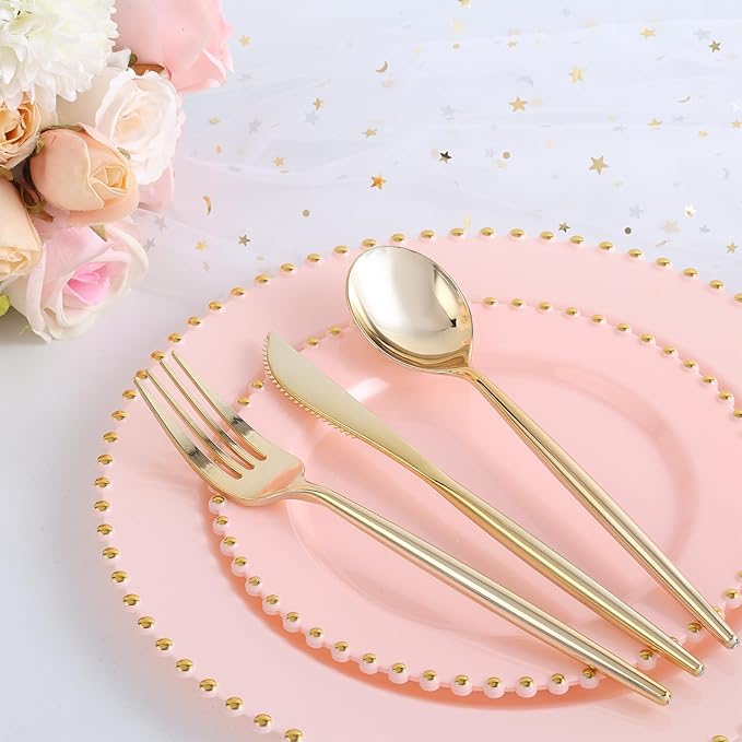 EI 60pcs Pink Plastic Plates with Gold Rim,Pink Party Plates Disposable,Heavy Duty Dinner/Dessert Fancy Elegant Plate for Wedding,Birthday,Afternoon Tea