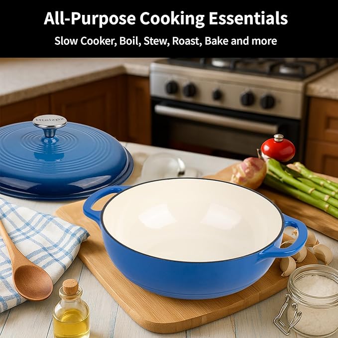 Enameled Cast Iron Dutch Oven Pot with Lid, 3 Quart Shallow Dutch Oven, Oven Safe up to 500째 F, Suitable for Bread Baking, Braising, Roasting, Stews, Blue