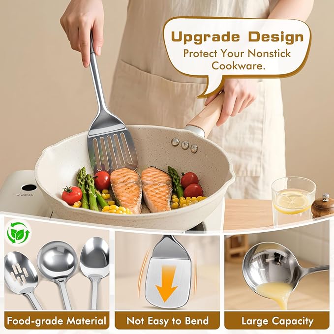 10 Pcs Cooking Utensils Set, Stainless Steel Kitchen Utensils, Heat Resistant Metal Kitchen Tools Include Solid & Slotted Spatula, Spoon, Ladle, Pasta Server,Potato Maseher,Egg Whisk,Meat Fork, Silver