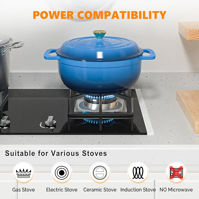 ROVSUN Enameled Cast Iron Round Dutch Oven, 6QT Pot with Lid &Dual Handles with Silicone Gloves,Oven Safe up to 500째F, Heavy-Duty Pre-Seasoned Cookware for Bread Baking, Braising, Stews, Roasting, Blue