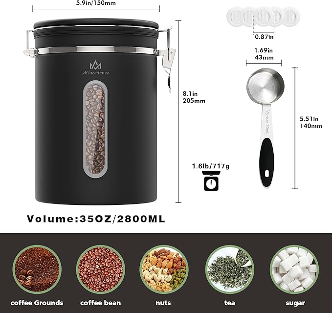 35OZ Airtight Coffee Canister with Lid - 304 Stainless Steel Kitchen Food Storage Container with Window, Date Tracker & Spoon, Suitable for Coffee Beans, Ground Coffee, Tea & Sugar