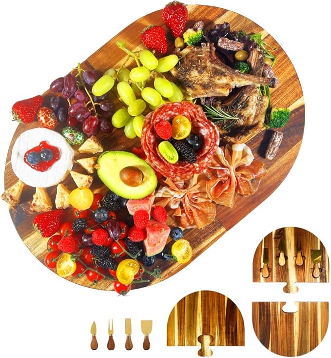 Charcuterie Board Set - 2 Pieces with Knife Set, Premium Acacia Wood Cheese Boards, Puzzle Shaped Serving Tray, Christmas, House Warming Gifts New Home, Wedding & Bridal Shower Gift