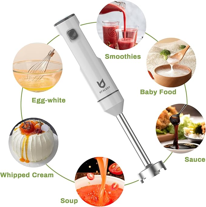 Cordless Hand Blender, UTALENT Variable Speed Immersion Blender handheld Rechargeable, with USB-C Charging Cable, Egg Whisk, for Smoothies, Milkshakes, Hummus and Soups ??White