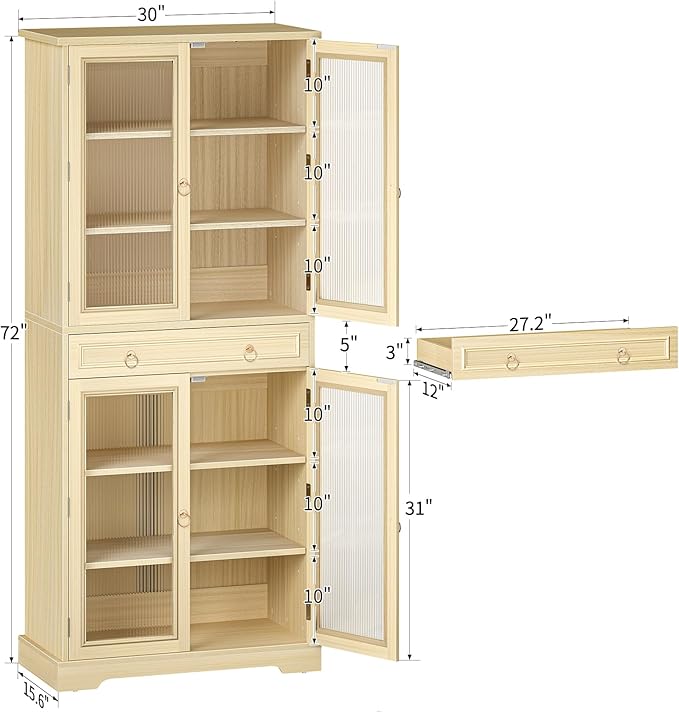 Kitchen Pantry Cabinet with Doors, 72" Tall Storage Cabinet with Adjustable Shelves, Wood Food Kitchen Pantry, Solid Freestanding Cupboard Display Cabinet for Dining Room Living Room