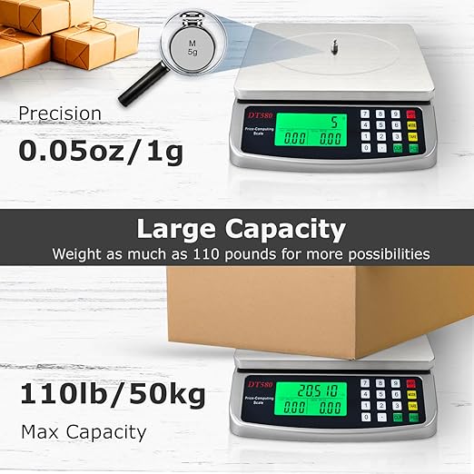 110lb/50kg Food Scale, Large Digital Kitchen Scale with Hold Mode, Tare, PCS, 0.05oz/1g Price Computing Commercial Scale 5 Units, 304 Stainless Steel for Baking, Cooking, Meat, Counting Adapter (Inc.)