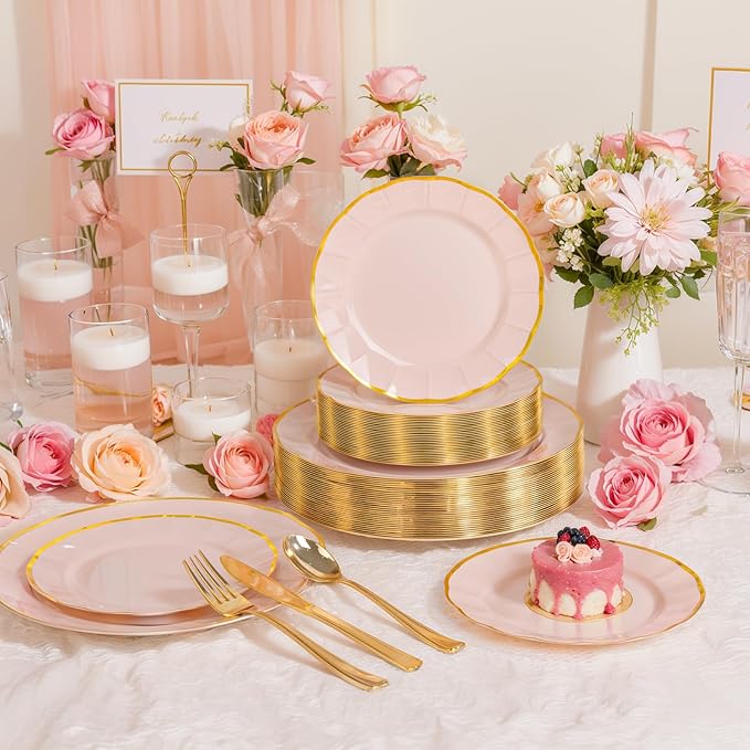 EI 150pcs Pink Plastic Plates with Gold Plastic Silverware,Pink Party Plates,Heavy Duty Plate Disposable,Gold Dinnerware Set for Birthday, Afternoon Tea,Wedding