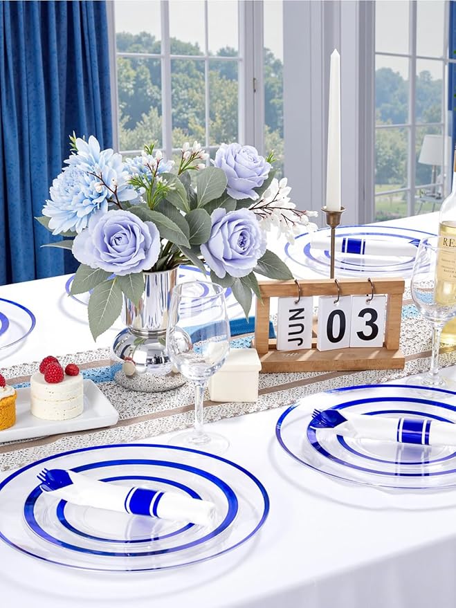 WDF 12 Inch Disposable Charger Plates - 25Pack Plastic Clear and Blue Charge Plates Perfect for Dinner/Wedding/Party/Elegant Tabletop Decor