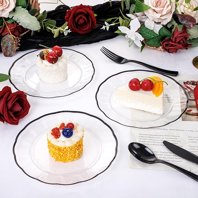 EI 150pcs Clear and Black Plastic Plates Dinnerware Disposable Party Set for 30Guests,Dinnerware Include 60 Clear Plates Disposable 90 Black Silverware,Perfect for Party,Business Events,Hotel