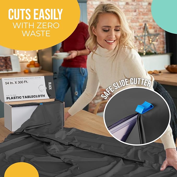 Party Solids 54 Inch X 300 Feet Black Plastic Table Cover Roll in A Cut - to - Size Box with Convenient Slide Cutter. Cuts Up to 36 Rectangle 8 Feet Plastic Disposable Tablecloths