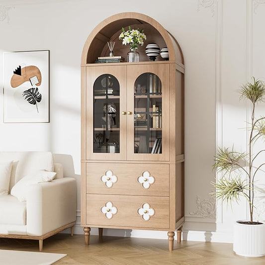 MOPHOTO Arched Cabinet, 71 in Arched Cabinet with Glass Doors, Modern Versatile Pantry Storage Cabinet with 2 Large Drawers for Living Room, Kitchen, Dining Room
