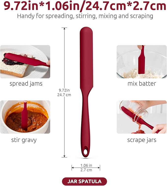 U-Taste Skinny Silicone Jar Spatula: 600쨘F Heat-Resistant Food-Grade 10in Long Narrow Sourdough Stirring Stick, Seamless Flexible Peanut Butter Spreader for Scraping Icing Bread Cream, Jam (Red)