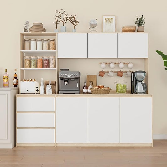 Large Kitchen Hutch Cabinet with Microwave Stand, Storage Cupboard Pantry with 3-Tier External Shelves and 3 Drawers, Ktichen Food Pantry with Open Countertop for Dining Room, White + Walnut