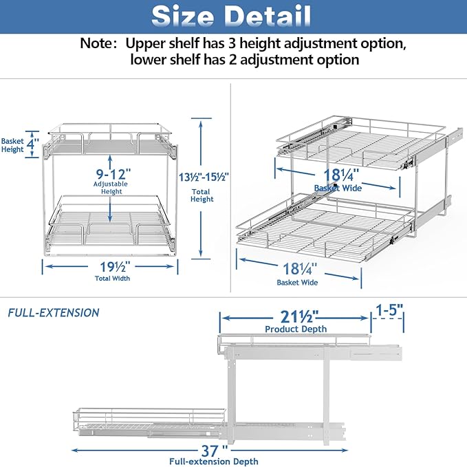 LOVMOR 2 Tier Individual Pull Out Cabinet Organizer 19쩍" W x 21쩍" D, Slide Out Kitchen Cabinet Storage Sliding Shelves