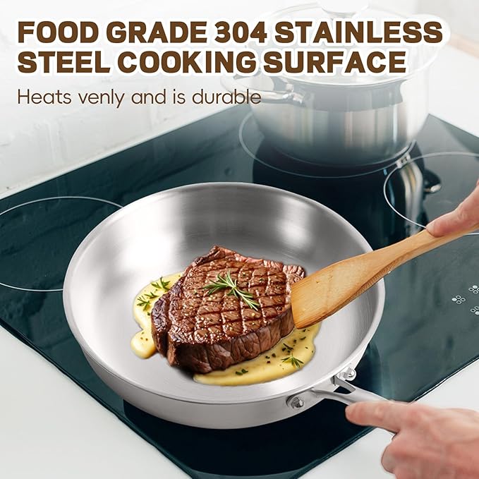 GOLDEN KEY 12 Inch Tri-Ply Stainless Steel Frying Pan, Stainless Steel Pans with Lid,Stainless Steel Skillet Induction All Cooktops, PFOA/PTFE Free Skillet,Health&Safety,Heavy Duty&Fast & Even Heat
