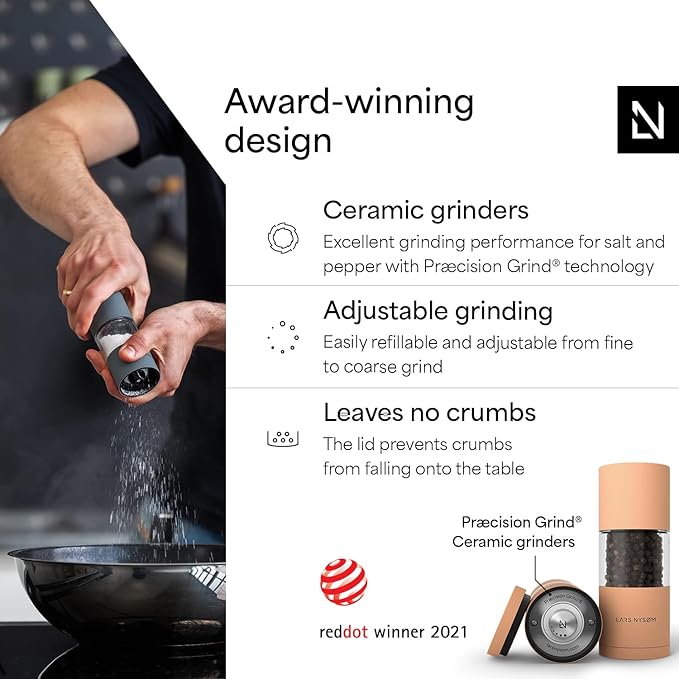 LARS NYS횠M Salt and Pepper Grinder Set, Manual Salt and Pepper Mills with Adjustable Ceramic Grinder, Design Spice Shaker Set (Creamy Peach)