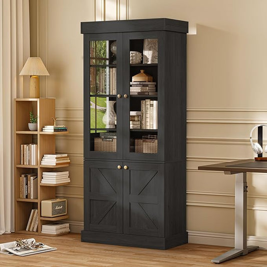 71" Tall Farmhouse Kitchen Pantry, Rustic Large Storage Cabinet with Glass Doors, Adjustable Shelves, Wood Versatile Hutch Cabinet for Dining Room, Living Room, Black
