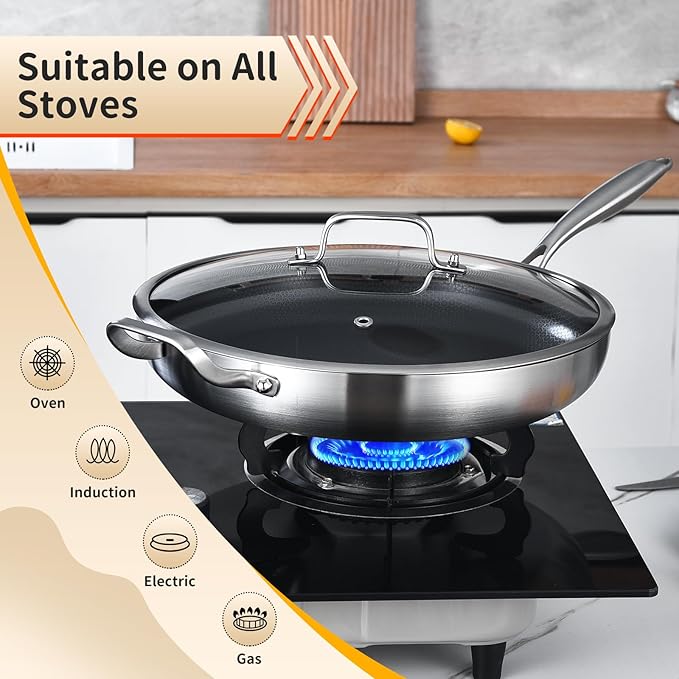 Inqibee 12-Inch Hybrid Tri-Ply Stainless Steel Non Stick Chef's Frying Pan with Lid and Helper Handle,Skillet,Induction Cooking Pan,Dishwasher and Oven Safe