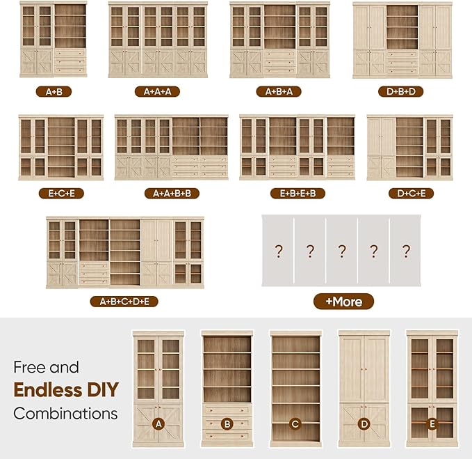 70.8" Tall Bookshelf with Doors, Farmhouse Modular Bookcase with 4-Tier Adjustable Shelves, Large Storage Cabinet for Home Office, Living Room, Brown, Set of 4