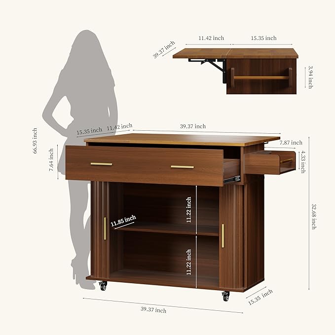 DHH Rolling Kitchen Island with Drop Leaf Countertop&Ample Storage - 39.4" Small Mobile Kitchen Cart On Wheels with Sliding Door,Drawers,Spice Rack & 2-Tier Storage (Walnut)