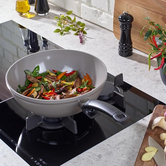 Fissler Ceratal Comfort Ceramic 12 Inch Non-Stick Wok, Warm Grey, Made without PFAS