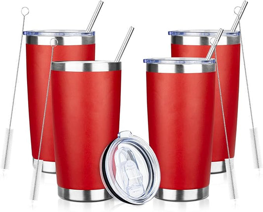 ATIKZHE 20oz Tumbler with Straw and Brush, Stainless Steel Vacuum Insulated tumbler, Double Wall Insulated Coffee Tumbler for Outdoor, Home, Travel,Office (Bright Red,4pcs)