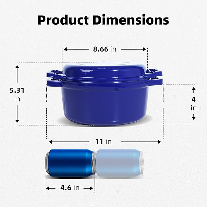 2-in-1 Enameled Cast Iron Braiser Pan with Grill Lid - 5-Quart Small Dutch Oven, Non-Stick Cookware Multi Cooker for Bread Baking Cooking Stewing, Suit for All Cooktops, Dual Handles & Oven Safe, Blue