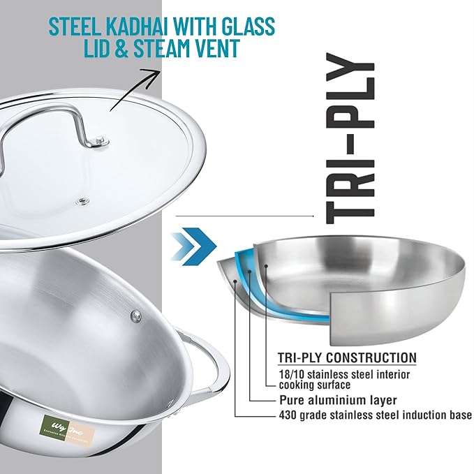 Stainless Steel Wok with Lid, All Clad Tri-ply Kadhai, 2.10 Qt / 2 L, 9.5 Inch Pan for Stir-Frying, Stews, Sauces, Deep Saute, Triply wok cookware, Trasparent Cover, Induction Compatible