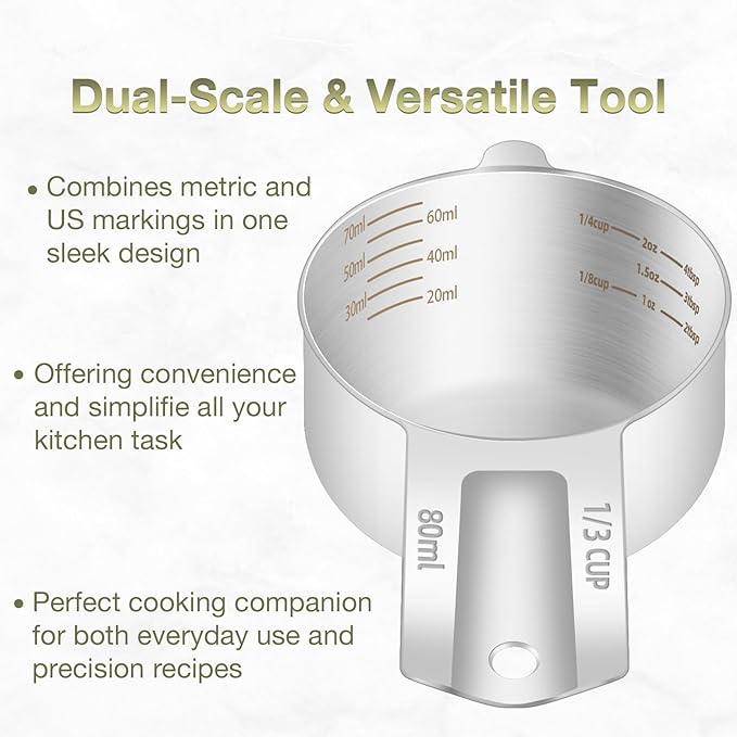 BERYLER 2PCS 1/3Cup (80ml, 2.6oz) Single Measuring Cup, Etched Inner Scale Stainless Steel Measure Scoop, Metric and US Measurement, Dishwasher Safe