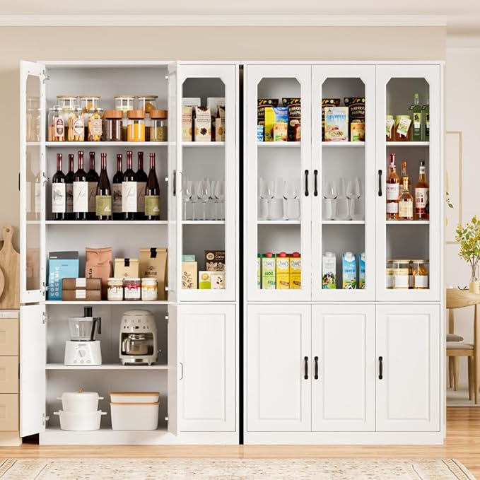 White Kitchen Pantry Cabinet, 78.7" Tall China Cabinet with Glass Doors and Adjustable Shelves, Wooden Display Cabinet for Dining, Living Room, White (Extra-Large, 46" W)