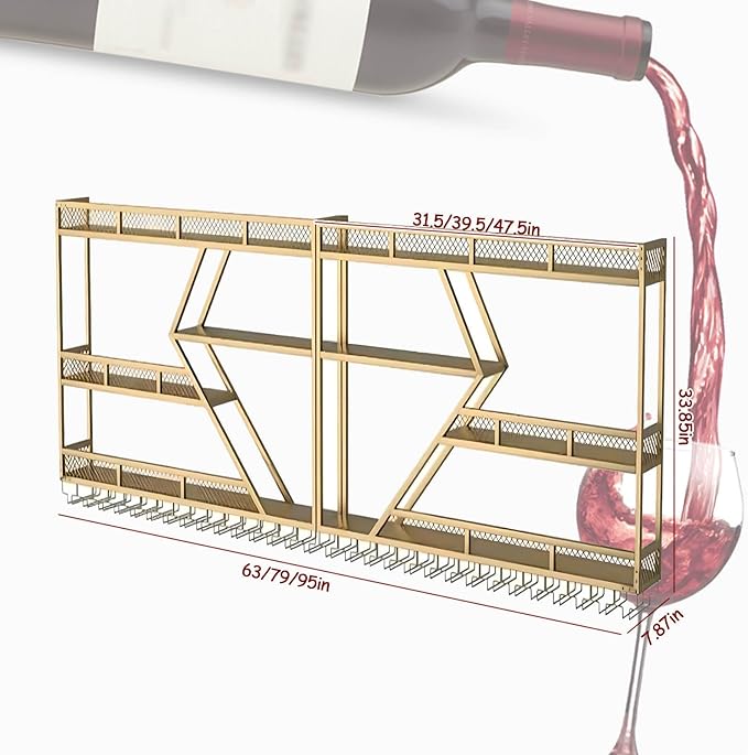 Wall Mounted Wine Rack, Large Metal Wine Bottle Holder, Modern Fashion Diamond Shaped Floating Bar Unit Wine Storage Shelves, for Home Restaurant Bars Decor (Gold, 3 Tier - 79in)