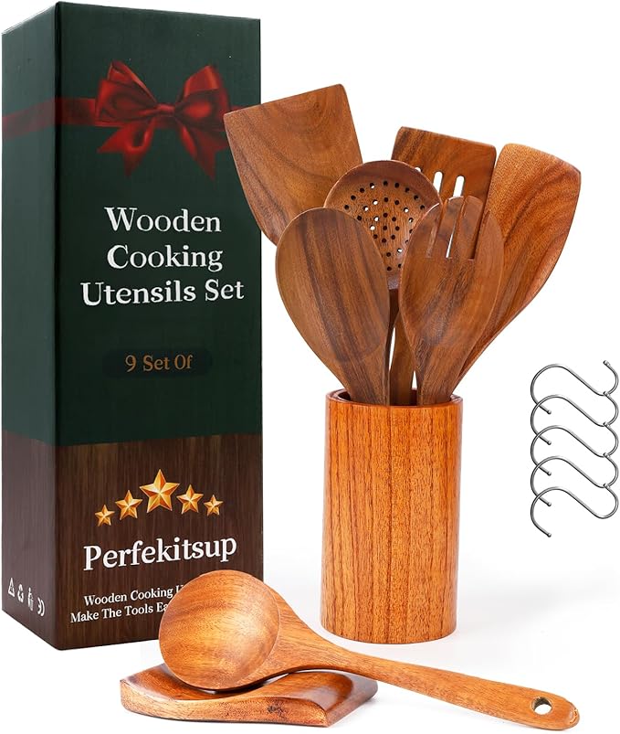 Wood Spoons for Cooking,9 Pcs Natural Teak Wooden Cooking Utensils Set with Holder 竊?Spoon Rest, Soft Comfort-Grip Wooden Kitchen Utensil Set for Non-Stick Cookware