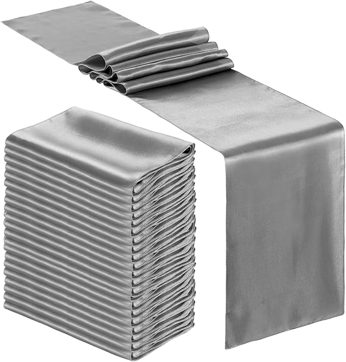 Bencailor 24 Pcs Dark Gray Satin Table Runner Bulk 12 x 108 Inches Long Table Runners Bright Smooth Fabric Tablecloth for Wedding Banquet Birthday Valentines St Patrick's Day Party Decorations