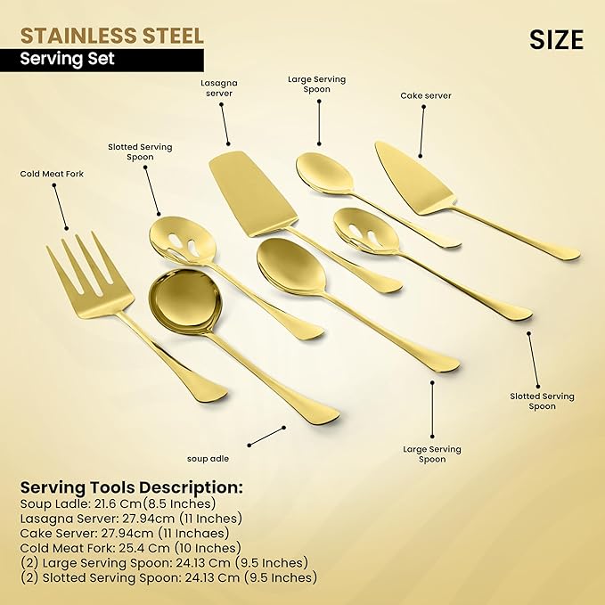 Avador짰 Premium Set of 8 Stainless Steel Hostess Serving Utensil Tool Set for Weddings | Buffer | Party | Kitchen | Restaurants (Gold Plated)