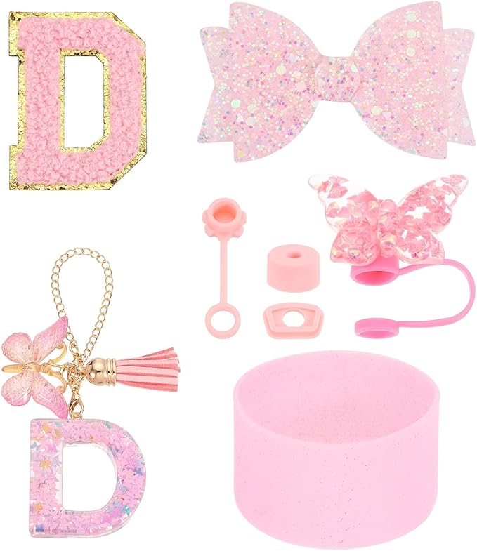 uxcell 8Pcs Cup Accessories Set for Cup Tumbler with Handle, Including Silicone Straw Cover, Boot, Spill Proof Stopper, Handle Charm, Initials Sticker(Letter D, Pink)