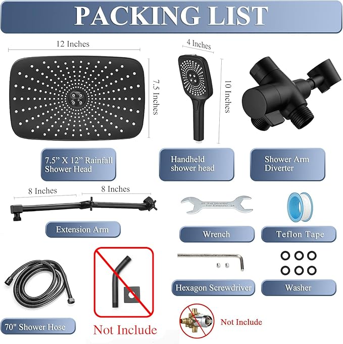 High Pressure Rain Shower Head with Handheld Spray Combo, 12 Inch Rainfall Shower Heads with Adjustable Extention Arm, Wide Dual Waterfall Showerhead with 3-Way Diverter(Matte Black)